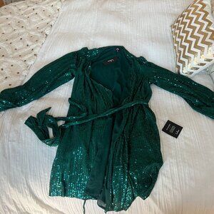 Lulus Sparkly Darling Emerald Green Sequin Long Sleeve Wrap Dress - Size XL
